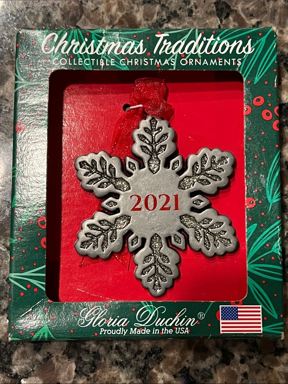 Silver-pewter 2021 Snowflake Ornament with Red Ribbon